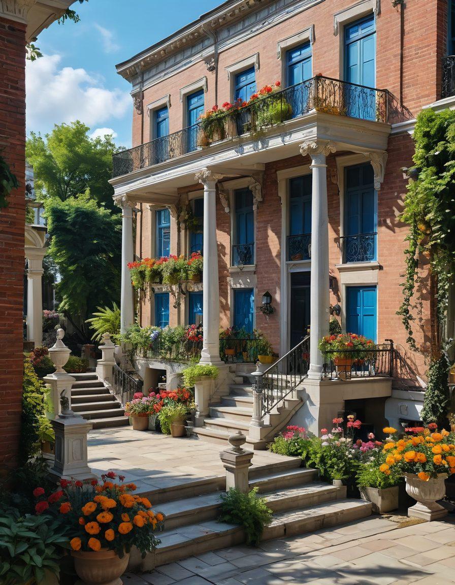 An intricate Georgian terrace with elegant columns and ornamental details, surrounded by lush urban gardens bursting with colorful flowers and greenery. Include people enjoying the space, showcasing the harmony of architecture and nature. The sky is bright blue, adding a cheerful vibe. Incorporate a historical touch with vintage furniture on the terrace. super-realistic. vibrant colors.