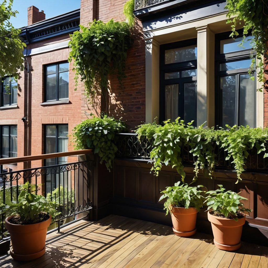 A stunning urban balcony blending Georgian architectural elements with lush greenery, showcasing intricate cornices alongside vibrant potted plants and cascading vines. Sunlight filtering through leaves, creating dappled shadows on a stylish wooden deck. In the background, a city skyline complements the serene garden feel. super-realistic. vibrant colors. soft focus.