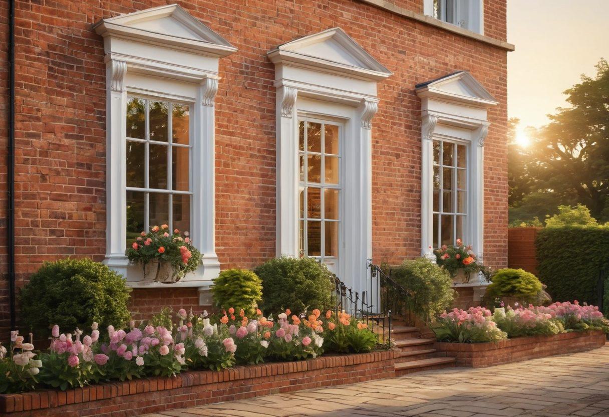 A stunning depiction of Georgian architecture featuring elegant townhouses with distinctive brick facades, high windows, and decorative cornices. Complement this with a lush outdoor living space, incorporating vintage garden furniture and vibrant flowers in full bloom, symbolizing harmony. The scene should be set during golden hour, adding a warm glow to the buildings and landscaping. super-realistic. vibrant colors. soft background.